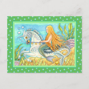 MERMAID & SEA STALLION, WHIMSICAL FANTASY UNICORN POSTKARTE
