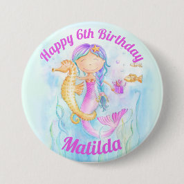 Mermaid Seepferd Aquarell 6. Geburtstag Brauch Button