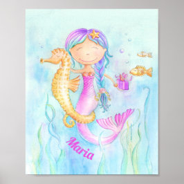 Mermaid Seepferd Aquarell Art individuelle Name Poster