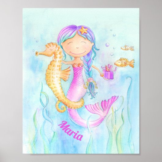Mermaid Seepferd Aquarell Art individuelle Name Poster (Vorne)