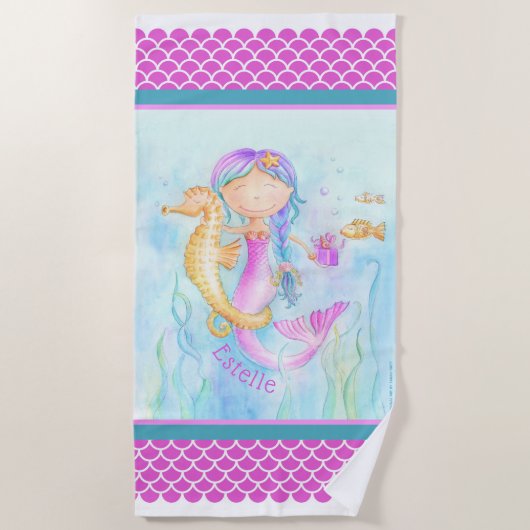 Mermaid Seepferd Aquarell individuelle Name Streif Strandtuch (Vorderseite)