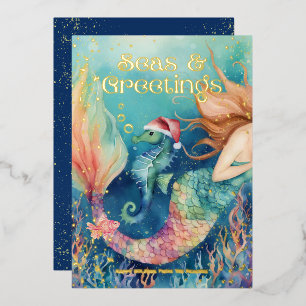 🧜 ‍ ♀️ Mermaid & Seepferd Beach Weihnachten Folien Feiertagskarte