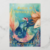 🧜 ‍ ♀️ Mermaid & Seepferd Beach Weihnachten Folien Feiertagskarte (Vorderseite)