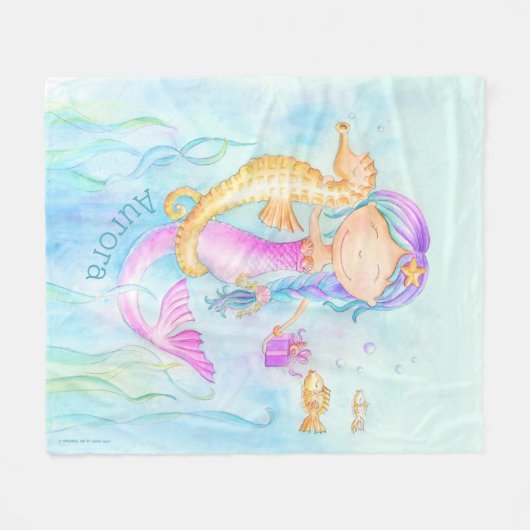Mermaid Seepferd whimsy Aquarell individuelle Name Fleecedecke (Vorderseite (Horizontal))