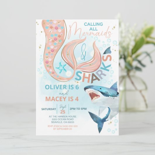Mermaid Shark Birthday Einladung Joint Birthday (Stehend Vorderseite)