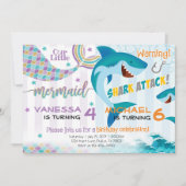 Mermaid Shark Birthday Party Einladung Geschwister (Vorderseite)