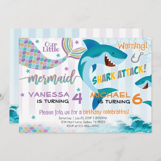 Mermaid Shark Birthday Party Einladung Geschwister (Vorne/Hinten)