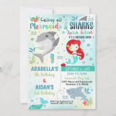 Mermaid Shark Invasion Geschwister Geburtstag Geme Einladung (Vorderseite)