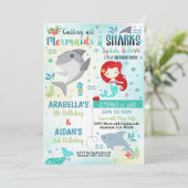 Mermaid Shark Invasion Geschwister Geburtstag Geme Einladung (Stehend Vorderseite)