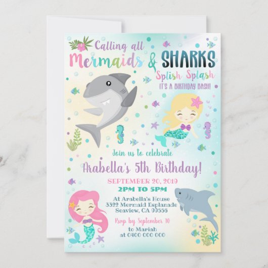 Mermaid Shark Invitation Boy Girl Einladung (Vorderseite)