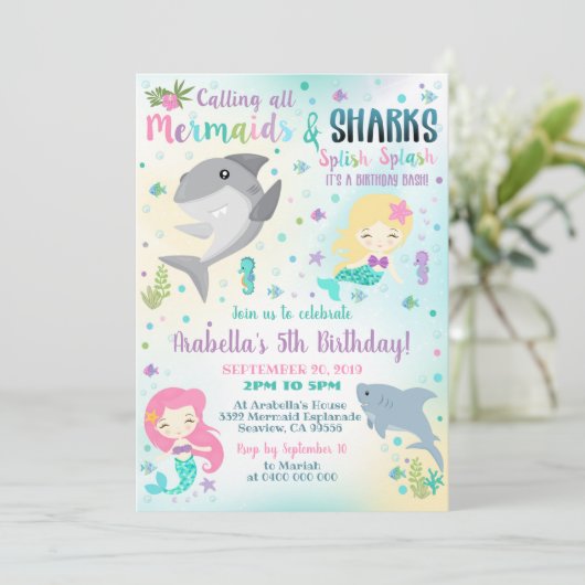 Mermaid Shark Invitation Boy Girl Einladung (Stehend Vorderseite)