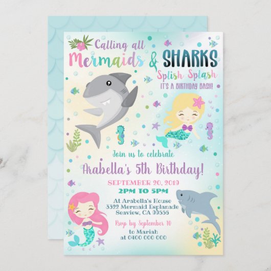 Mermaid Shark Invitation Boy Girl Einladung (Vorne/Hinten)
