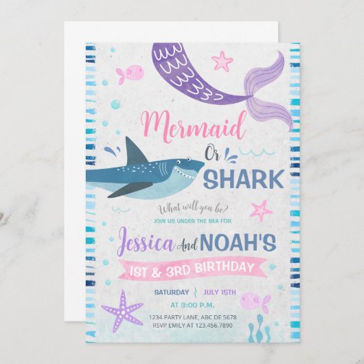 Mermaid & Shark Joint Birthday Einladung (Vorne/Hinten)