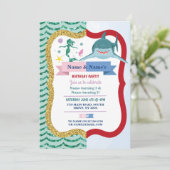 Mermaid & Shark Joint Boy Girl Birthday Einladung (Stehend Vorderseite)