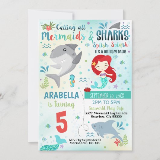 Mermaid Shark Party Einladung (Vorderseite)