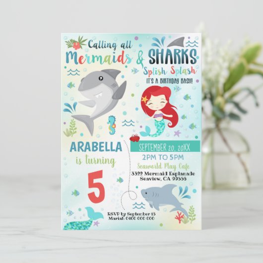 Mermaid Shark Party Einladung (Stehend Vorderseite)
