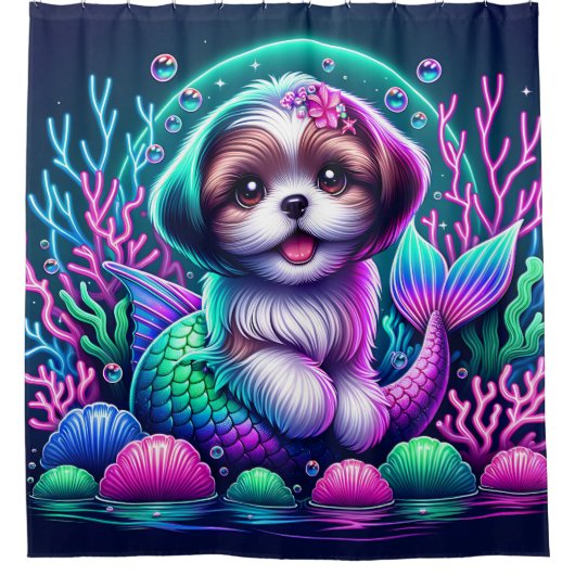 "Mermaid Shih Tzu Puppy - Whimsical Fantasy Art" Duschvorhang (Vorderseite)