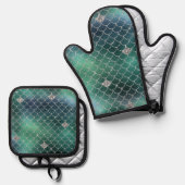 Mermaid Silver Aquamarin Green Ocean Glitz Ofenhandschuh & Topflappen-Set (Vorderseite/Rückseite)