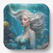 Mermaid Silver Hair Türkis Ozean Pappteller (Vorderseite)