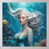 Mermaid Silver Hair Türkis Ozean Poster (Vorne)