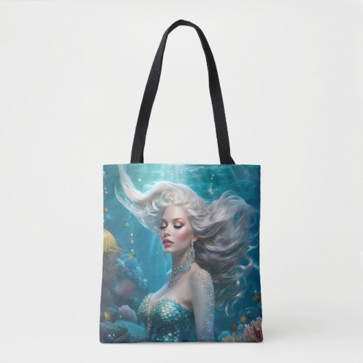 Mermaid Silver Hair Türkis Ozean Tasche (Vorderseite)