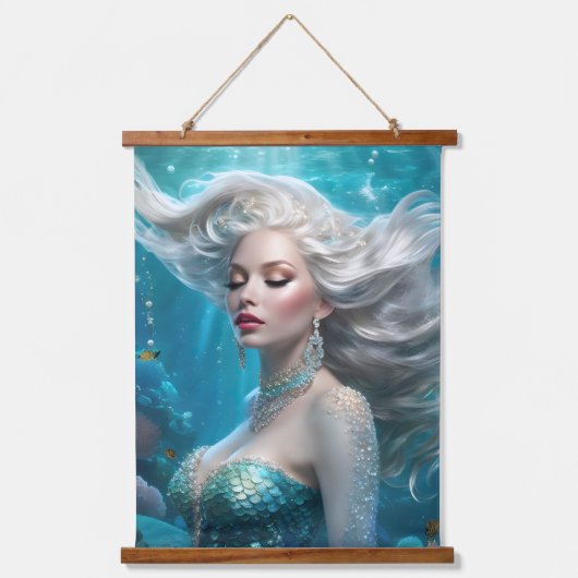 Mermaid Silver Hair Türkis Ozean Wandteppich Mit Holzrahmen (Vorderseite)
