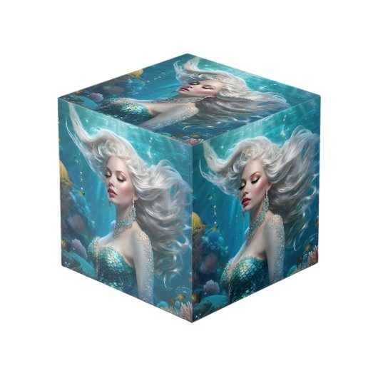 Mermaid Silver Hair Türkis Ozean Würfel (Vorderseite Schrägansicht)