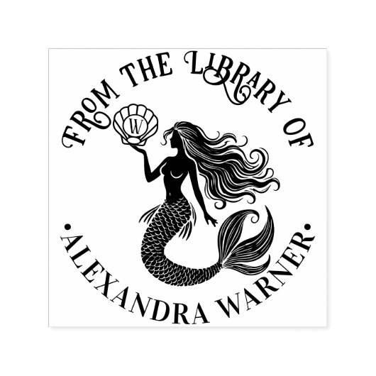 Mermaid Siren Silhouette Library Book Name Initial Permastempel (Design)