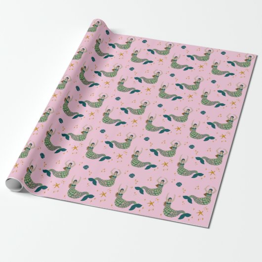 Mermaid Siren Theme Illustration Print Pink Geschenkpapier (Ungerollt)
