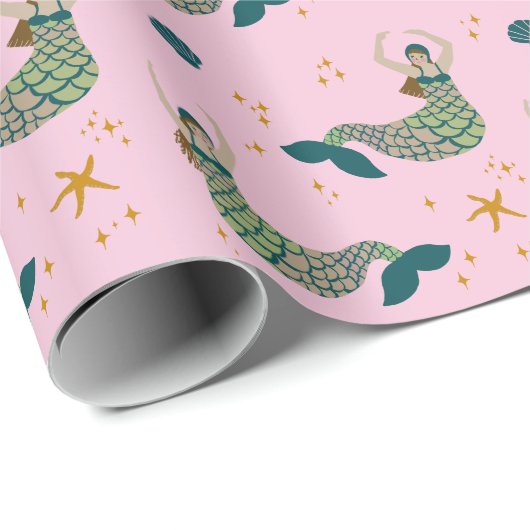 Mermaid Siren Theme Illustration Print Pink Geschenkpapier (Rolleneckpunkt)