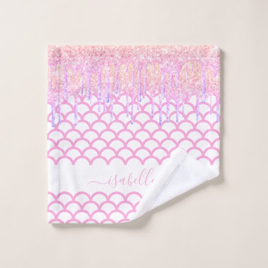 Mermaid skaliert Glitzer rosa lila Name Funkeln Badhandtuch Set (Waschlappen)