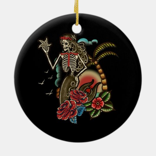 Mermaid Skeleton Traditionelle Tattoo Old School H Keramik Ornament (Hinten)