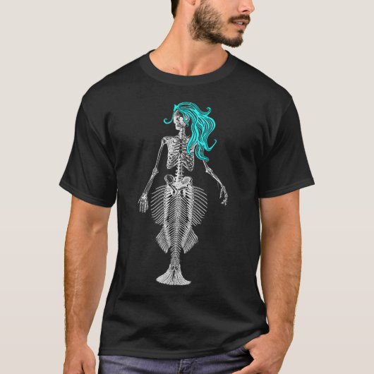 Mermaid Skeleton with Blue Hair Creepy Sea Siren P T-Shirt (Vorderseite)