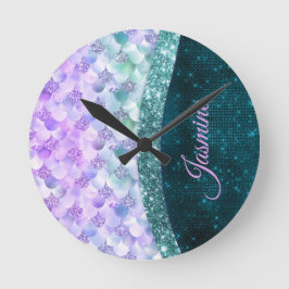 Mermaid skin aquamarin silber Imitate Glitzer mono Runde Wanduhr