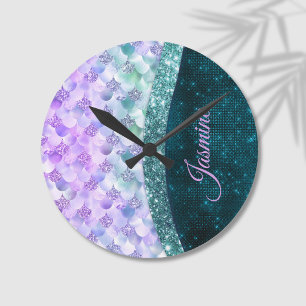 Mermaid skin aquamarin silber Imitate Glitzer mono Runde Wanduhr