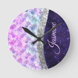 Mermaid skin lila silber Imitate Glitzer monogramm Runde Wanduhr