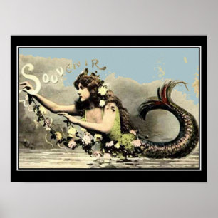 Mermaid Souvenir Vintag Tourist Poster