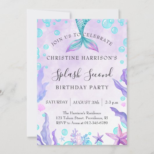 Mermaid Splash 2nd Birthday  Einladung (Vorderseite)