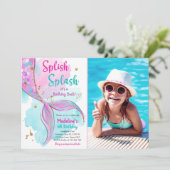 Mermaid Splish Splash Birthday Bash Girl Gold Einladung (Stehend Vorderseite)