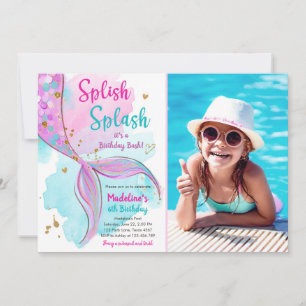 Mermaid Splish Splash Birthday Bash Girl Gold Einladung
