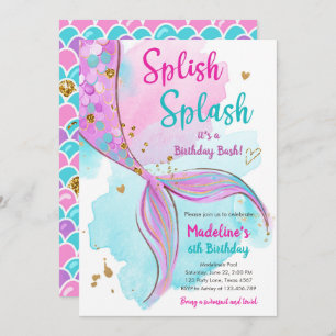 Mermaid Splish Splash Birthday Bash Girl Gold Invi Einladung