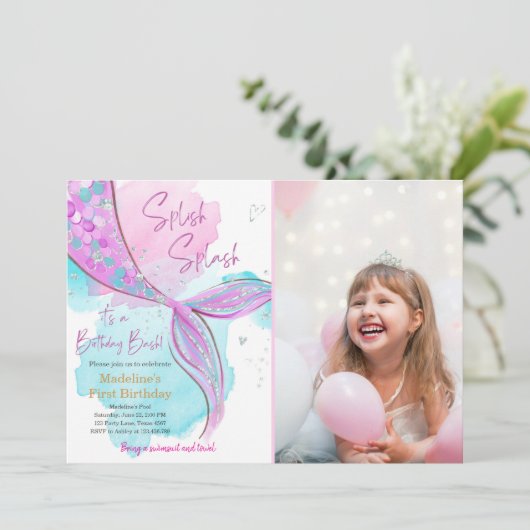 Mermaid Splish Splash Pool Party Girl Birthday Inv Einladung (Stehend Vorderseite)