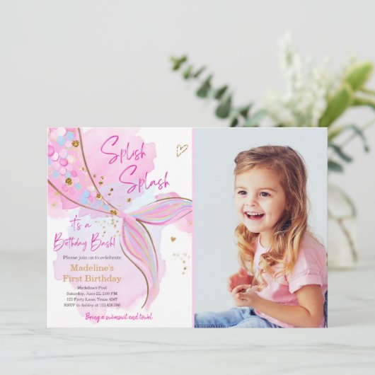 Mermaid Splish Splash Pool Party Girl Birthday Inv Einladung (Stehend Vorderseite)