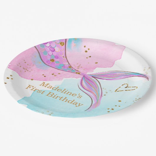 Mermaid Splish Splash Pool Party Girl Birthday Pappteller (Schrägansicht)
