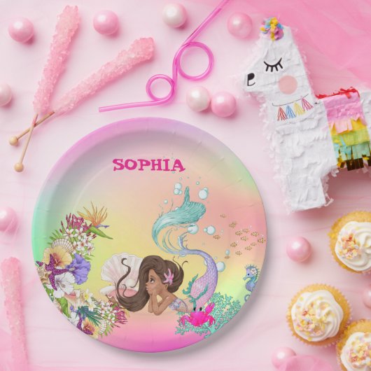 Mermaid Starfish Dark Hair Niedlich Rainbow Paper Pappteller (Party)