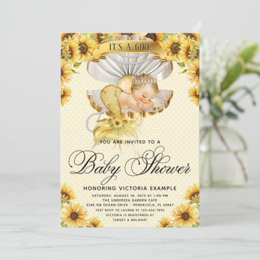 Mermaid Sunflower Baby Dusche Einladung (Stehend Vorderseite)