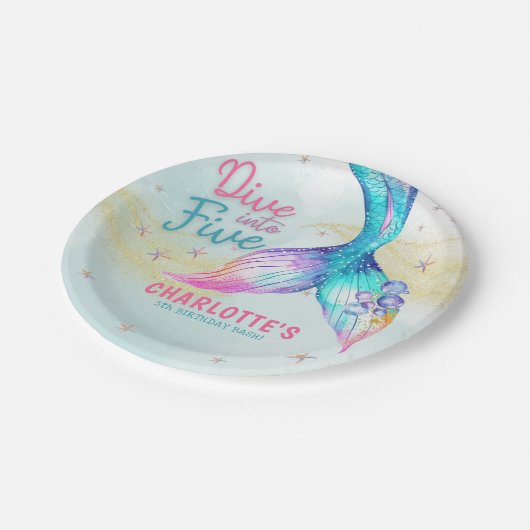 Mermaid tail Dive into Five Glitter Pappteller (Schrägansicht)
