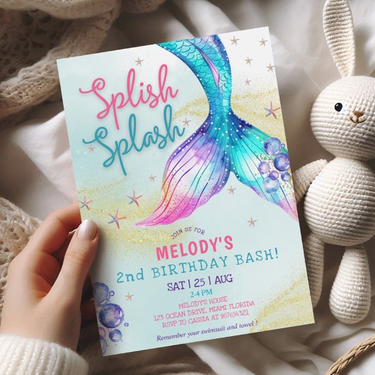 Mermaid Tail Glitter 2nd Birthday Invitation Einladung