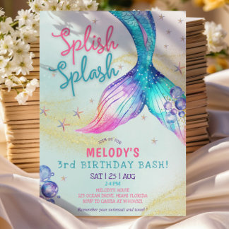 Mermaid Tail Glitter 3rd Birthday Invitation Einladung