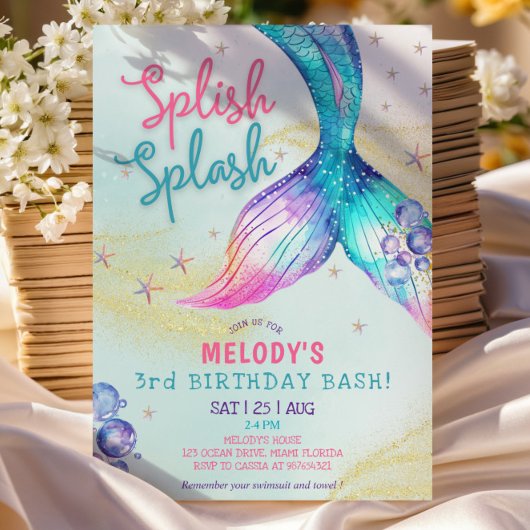 Mermaid Tail Glitter 3rd Birthday Invitation Einladung